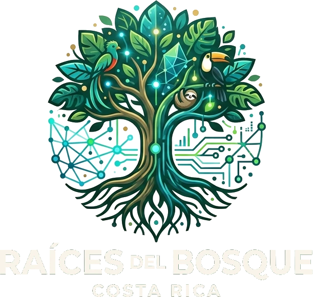 Logo de Raíces del Bosque, letras blancas sobre verde bosque