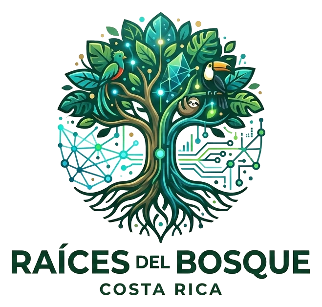 Raíces del Bosque, Costa Rica. Un árbol cuyas raíces se convierten en circuitos, con un quetzal, un tucán y un perezoso en la copa.