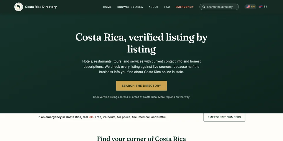 Página de inicio de The Costa Rica Directory, verificado listado por listado